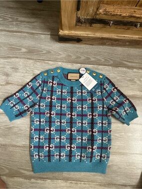 Gucci Light Blue GG Monogram Wool Sweater, Size S, Made in Italy, like new